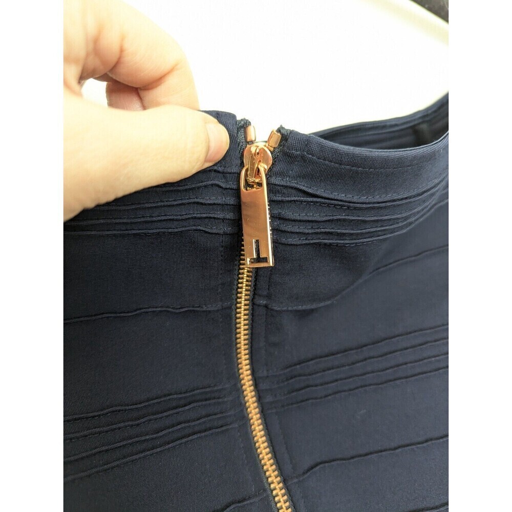 Ted Baker Dress Women Size 1/S Navy Blue Bodycon Pintuck Rose Gold Cocktail Midi - Picture 6 of 11